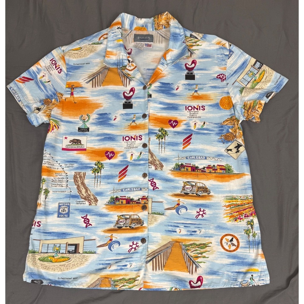 VTG High Seas Trading Co Mens L California Carlsbad Camp Collar Hawaiian Shirt